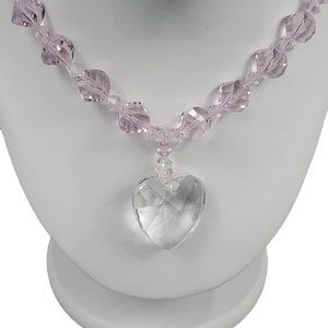 Chunky Pink Beaded Necklace with Glass Heart Charm